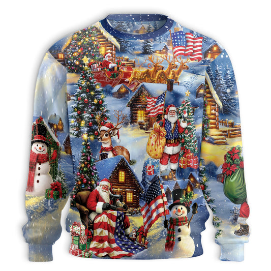 Netecom Patriotic Santa Christmas Sweatshirt 3D All Over Print, Cozy Holiday Scene Design, Crewneck Pullover for Costume Party