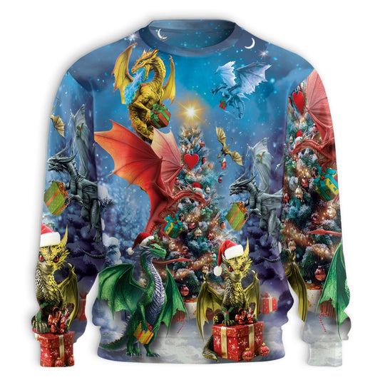 Netecom Fantasy Dragons Christmas Tree Sweatshirt All Over 3D Print – Unisex Crewneck Pullover, Lightweight Fleece Casual Outfit