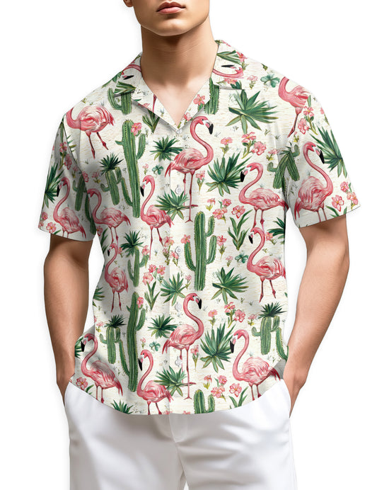 Netecom Cactus Flamingo Hawaiian Shirt for Men, Bird Lover Gifts, Tropical Animal Button Down Summer Beach Shirts