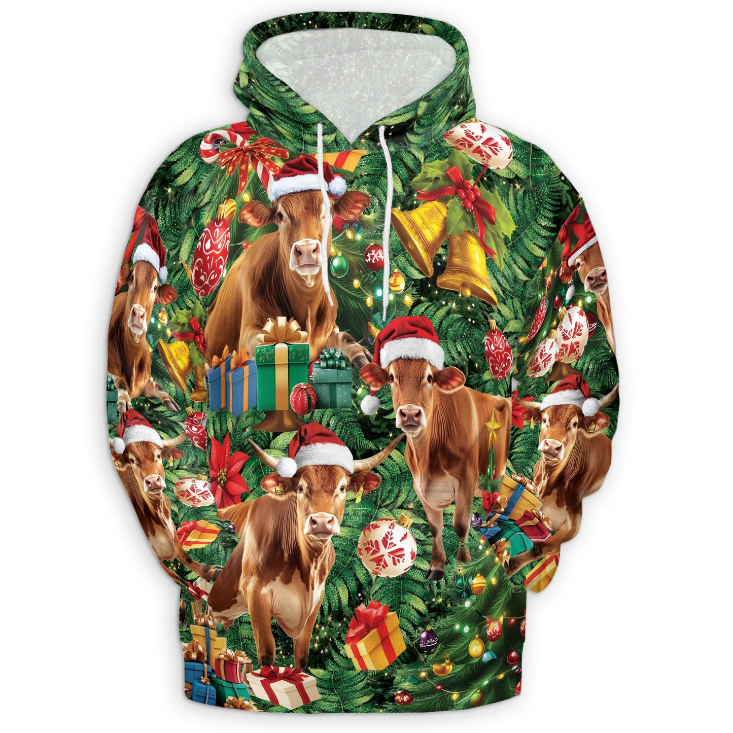 Netecom Christmas Cow 3D Hoodie with Front Pocket, Unisex Casual All Over Santa Hat Farm Animal Graphic Sweatshirt