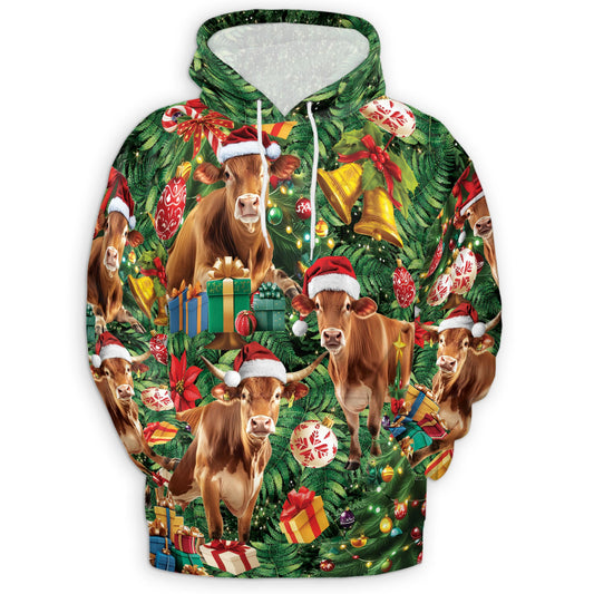 Netecom Christmas Cow 3D Hoodie with Front Pocket, Unisex Casual All Over Santa Hat Farm Animal Graphic Sweatshirt