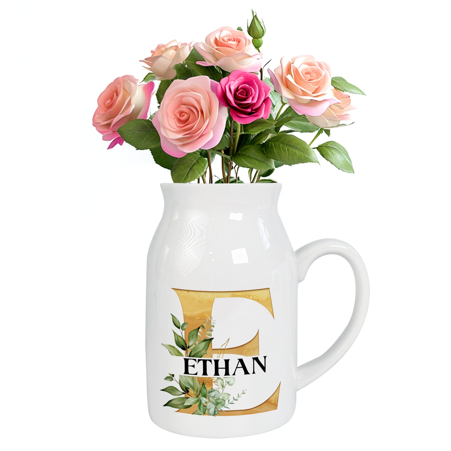 Netecom Personalized Ceramic Jug Vase with Gold Floral Initial and Name, Elegant Home Decor Pitcher, Perfect Gift for Christmas, Weddings, or Mother’s Day