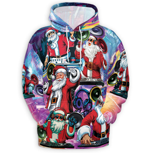 Netecom DJ Santa Claus Christmas Print Hoodie with Front Pocket, All Over Music Party Graphic Sweatshirt Unisex Casual