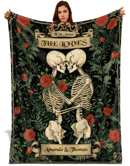 Netecom Personalized Skeleton Couple Blanket with Names and Established Date, Botanical Gothic Floral Throw Blanket for Couch, Bed or Sofa, Romantic Gift for Couples, Anniversary or Halloween Decor