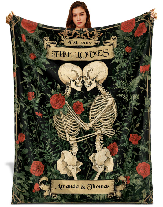 Netecom Personalized Skeleton Couple Blanket with Names and Established Date, Botanical Gothic Floral Throw Blanket for Couch, Bed or Sofa, Romantic Gift for Couples, Anniversary or Halloween Decor