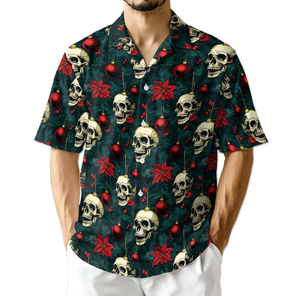 Netecom Skull Christmas Hawaiian Shirt for Men, Gothic Holiday Ornament Button Down Summer Beach Short Sleeve Shirts, S-5XL