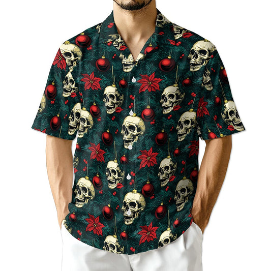 Netecom Skull Christmas Hawaiian Shirt for Men, Gothic Holiday Ornament Button Down Summer Beach Short Sleeve Shirts, S-5XL