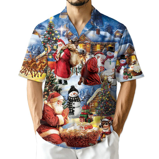 Netecom Christmas Nativity Hawaiian Shirt, Santa Claus Jesus Holiday  Button Down Summer Beach Short Sleeve Shirts, S-5XL
