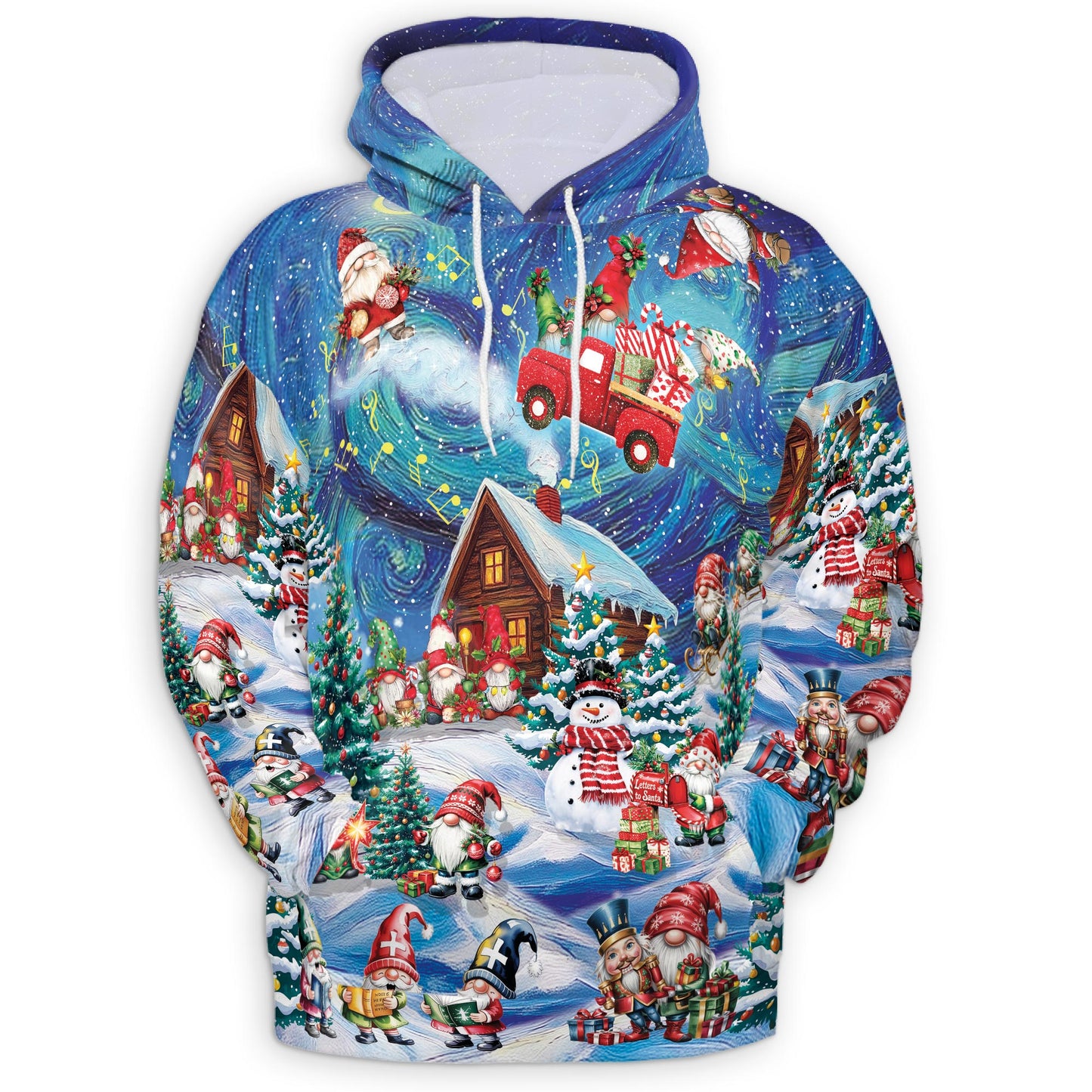Netecom Christmas Gnome 3D Hoodie with Front Pocket, Unisex Casual All Over Funny Santa Elf Graphic Sweatshirt