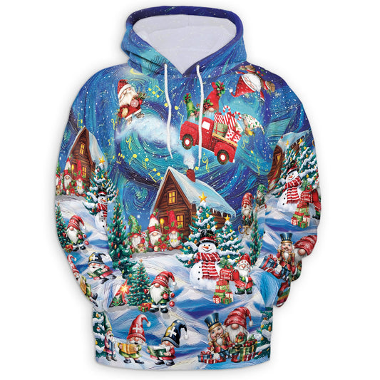 Netecom Christmas Gnome 3D Hoodie with Front Pocket, Unisex Casual All Over Funny Santa Elf Graphic Sweatshirt
