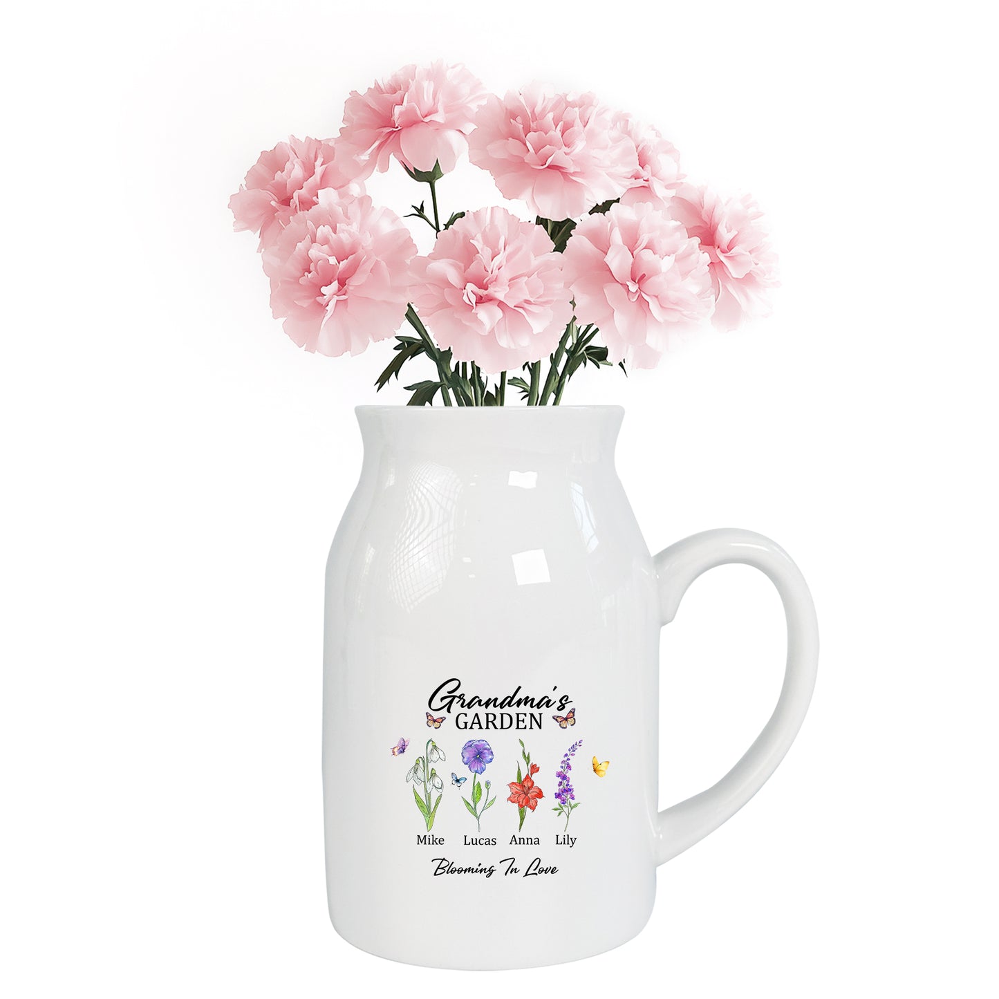 Netecom Personalized Ceramic Jug Vase with Birth Month Flowers and Custom Names, Unique Family Gift for Mother’s Day, Birthdays, or Holidays