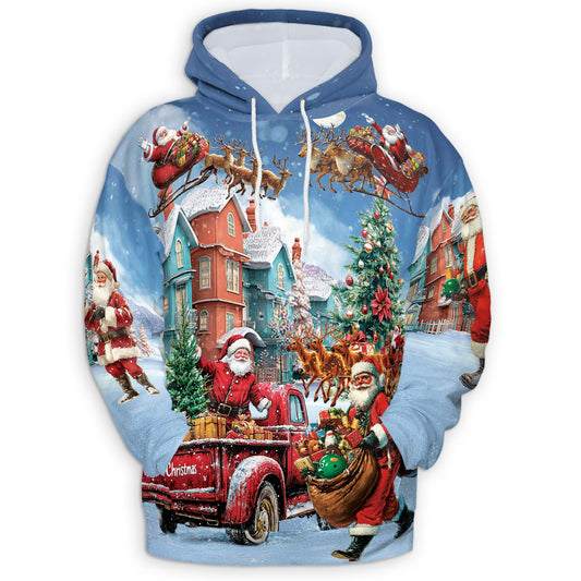 Netecom Santa Claus Christmas Print Hoodie with Front Pocket, All Over Graphic Funny Holiday Sweatshirt Unisex Casual
