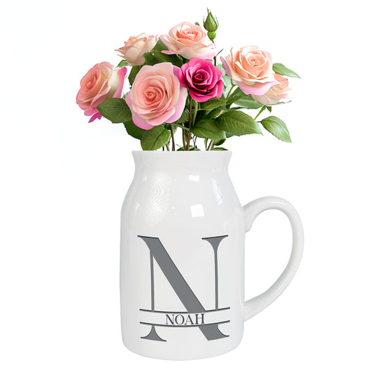 Netecom Personalized Ceramic Jug Vase with Custom Name and Initial, Elegant Farmhouse Pitcher, Minimal Home Decor, Unique Gift for Weddings, Birthdays, or Christmas