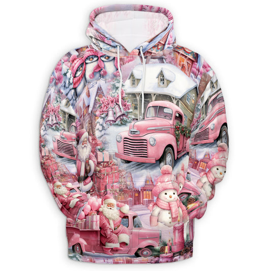 Netecom Pink Christmas Santa Claus 3D Hoodie with Front Pocket, Unisex Casual All Over Village Graphic Sweatshirt