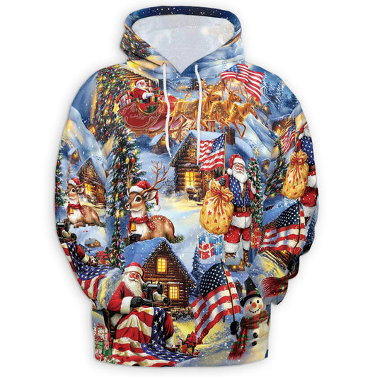 Netecom Patriotic Santa Claus Print Hoodie with Front Pocket, All Over USA Flag Holiday Graphic Sweatshirt Unisex Casual