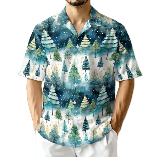Netecom Christmas Tree Hawaiian Shirt for Men, Festive Holiday Pine Forest Button Down Summer Beach Short Sleeve Shirt