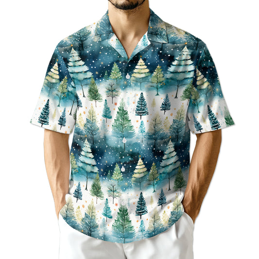 Netecom Christmas Tree Hawaiian Shirt for Men, Festive Holiday Pine Forest Button Down Summer Beach Short Sleeve Shirt