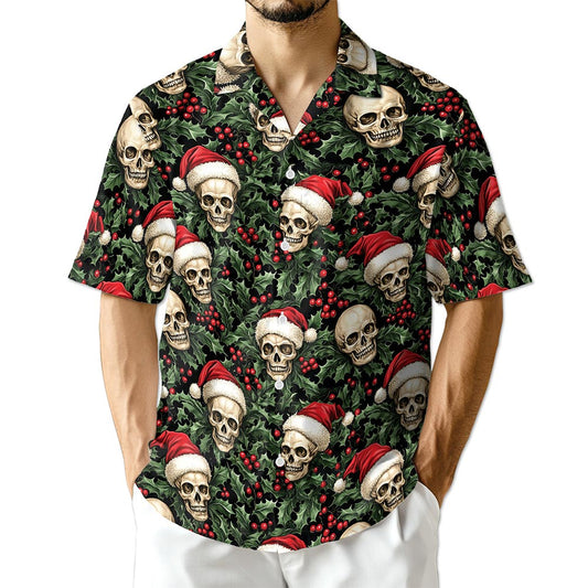 Netecom Skull Santa Hat Christmas Hawaiian Shirt for Men, Gothic Holiday Button Down Summer Beach Short Sleeve Shirts, S-5XL