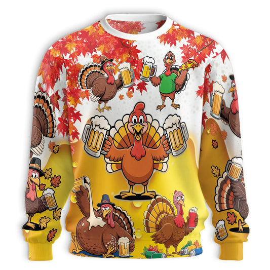 Netecom Funny Thanksgiving Turkey Beer Sweatshirt 3D All Over Print – Unisex Crewneck Pullover, Lightweight Fleece Casual Outfit