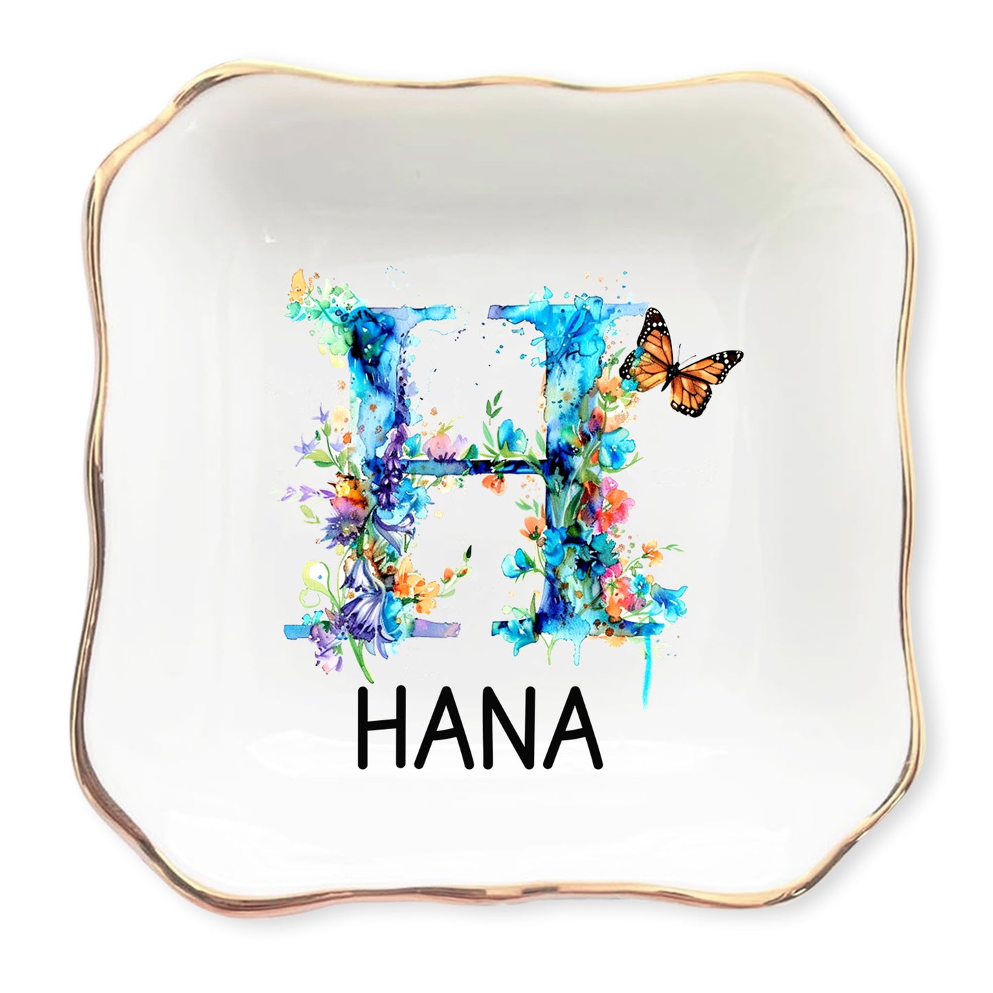 Netecom Personalized Floral Initial Jewelry Tray, Custom Ceramic Tray for Jewelry Storage or as a Gift for Special Occasions