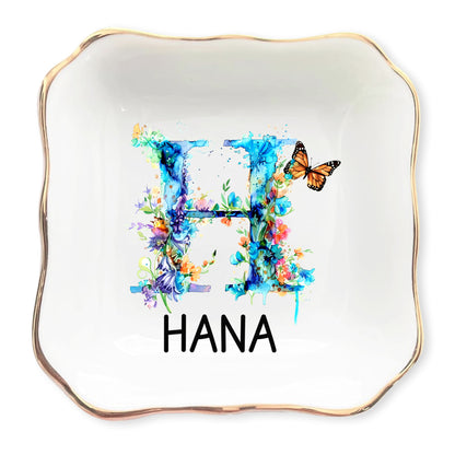 Netecom Personalized Floral Initial Jewelry Tray, Custom Ceramic Tray for Jewelry Storage or as a Gift for Special Occasions