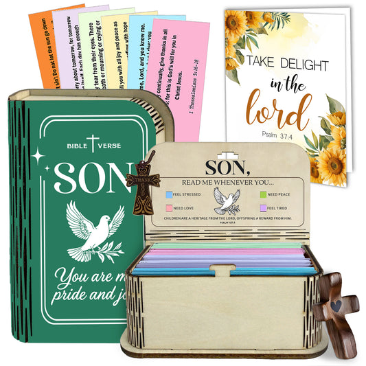 Netecom Bible Verse Box Set for Son, Wooden Scripture Box with 150 Daily Scripture Cards, Faith-Based Christian Gift for Boys and Men