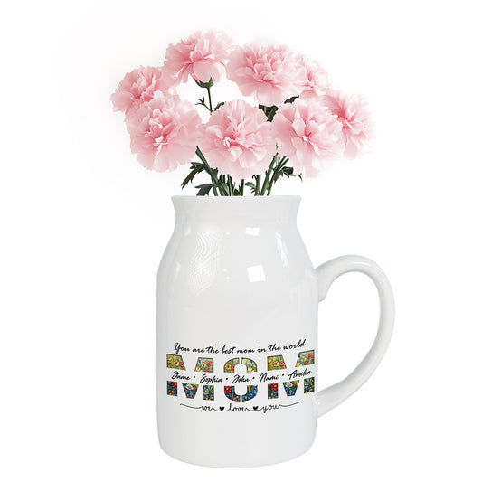 Netecom Personalized Floral MOM Ceramic Pitcher, Custom Name Vase for Birthdays, Mother’s Day, or Holiday Decor Gift