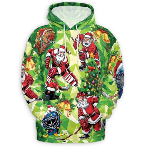 Netecom Santa Claus Ice Hockey Christmas Print Hoodie with Front Pocket, All Over Sports Graphic Sweatshirt Unisex Casual
