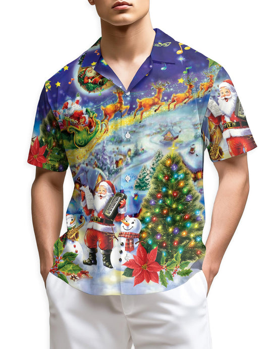 Netecom Santa Claus and Snowman Hawaiian Shirt for Men, Festive Christmas Music Tree Button DownShirt, S-5XL