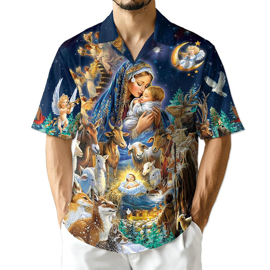 Netecom Nativity Scene Hawaiian Shirt, Holy Family Christian Christmas Button Down Summer Beach Short Sleeve Shirt, S-5XL