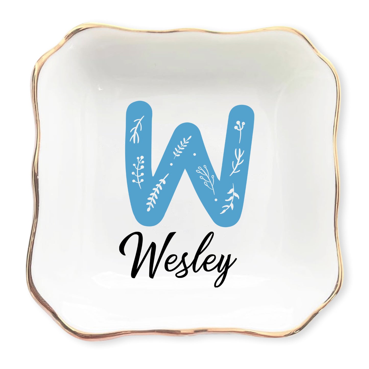 Netecom Custom Floral Jewelry Tray with Personalized Letter and Name, Elegant Ceramic Tray for Gifts and Home Decor