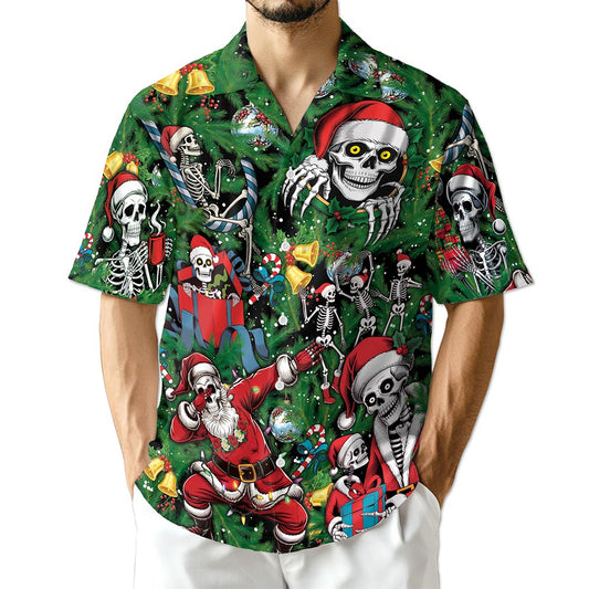 Netecom Skeleton Santa Claus Christmas Hawaiian Shirt for Men, Funny Skull Holiday Button Down Summer Beach Shirt, S-5XL