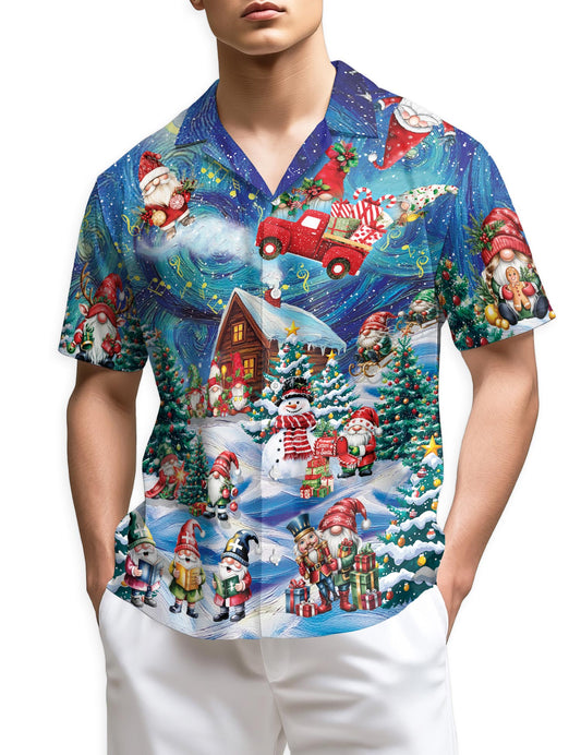 Netecom Christmas Gnome Hawaiian Shirt, Funny Santa Elf and Snowman Holiday Cabin Print Short Sleeve Button Down Shirt, S-5XL