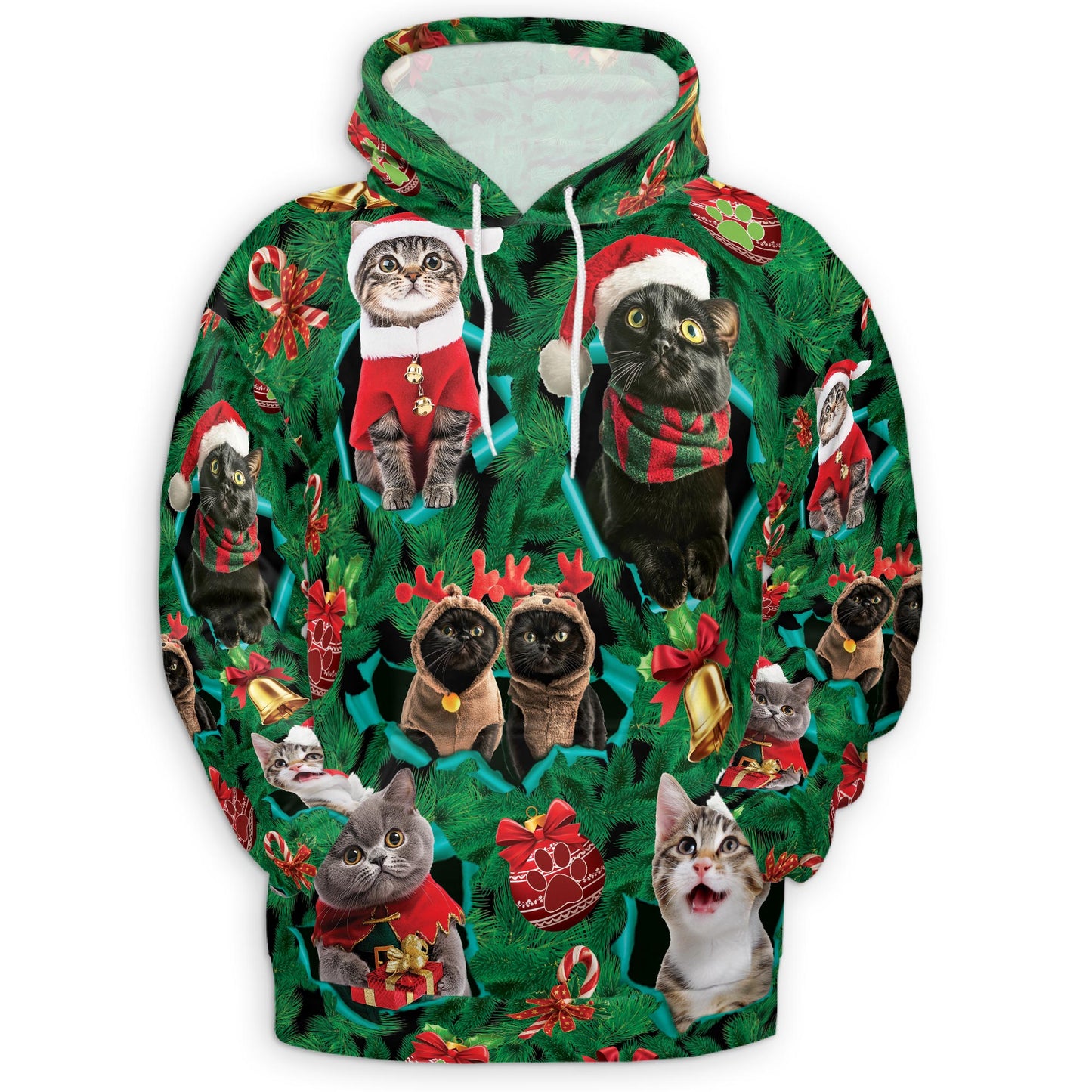 Netecom Christmas Cats Print Hoodie with Front Pocket, All Over Cute Kitten Holiday Graphic Sweatshirt Unisex Casual
