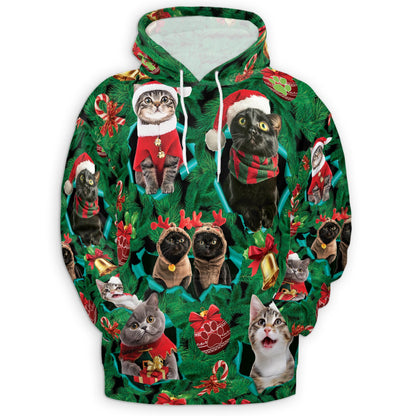 Netecom Christmas Cats Print Hoodie with Front Pocket, All Over Cute Kitten Holiday Graphic Sweatshirt Unisex Casual