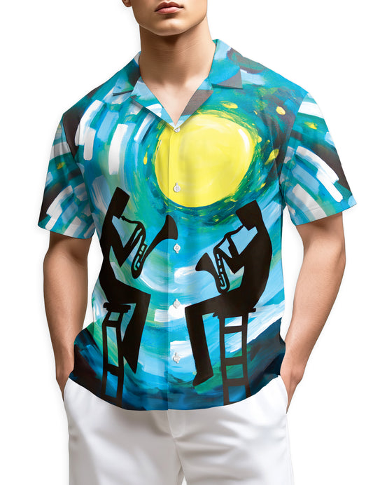 Netecom Vintage Trumpet Pattern Hawaiian Shirt for Men, Musical Instruments Button Down Summer Beach Short Sleeve Shirt