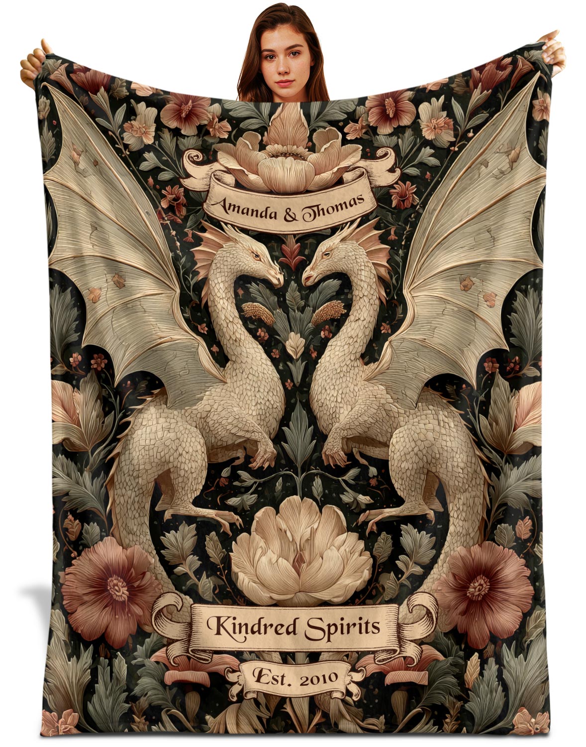 Netecom Personalized Dragon Couple Blanket with Names and Established Date, Gothic Floral Fantasy Throw Blanket for Couch, Bed or Sofa, Romantic Gift for Couples, Anniversary or Wedding Present
