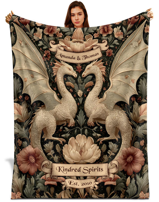 Netecom Personalized Dragon Couple Blanket with Names and Established Date, Gothic Floral Fantasy Throw Blanket for Couch, Bed or Sofa, Romantic Gift for Couples, Anniversary or Wedding Present