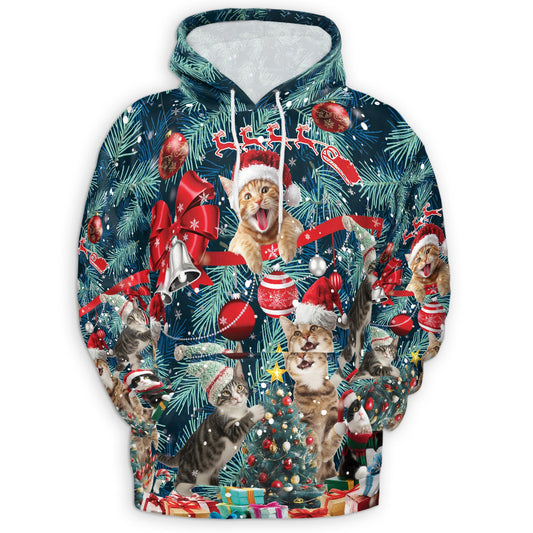 Netecom Christmas Cat 3D Hoodie with Front Pocket, Unisex Casual All Over Funny Kitten Santa Graphic Sweatshirt