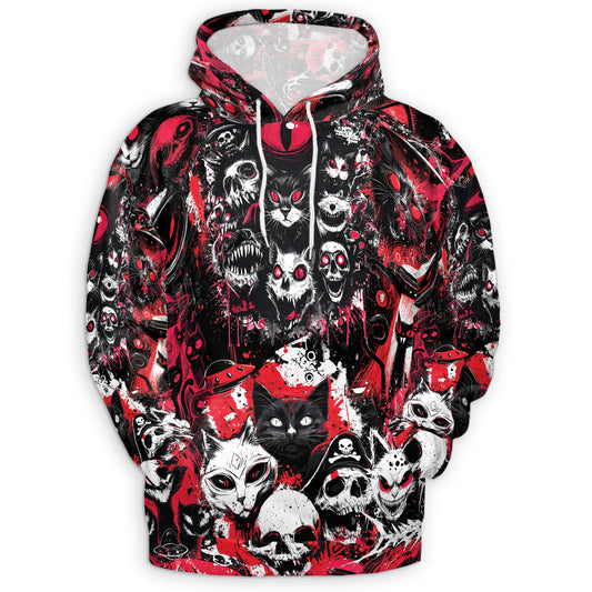 Netecom Black Cat UFO Alien Halloween 3D Hoodie with Front Pocket, Unisex Casual All Over Skull Graphic Sweatshirt