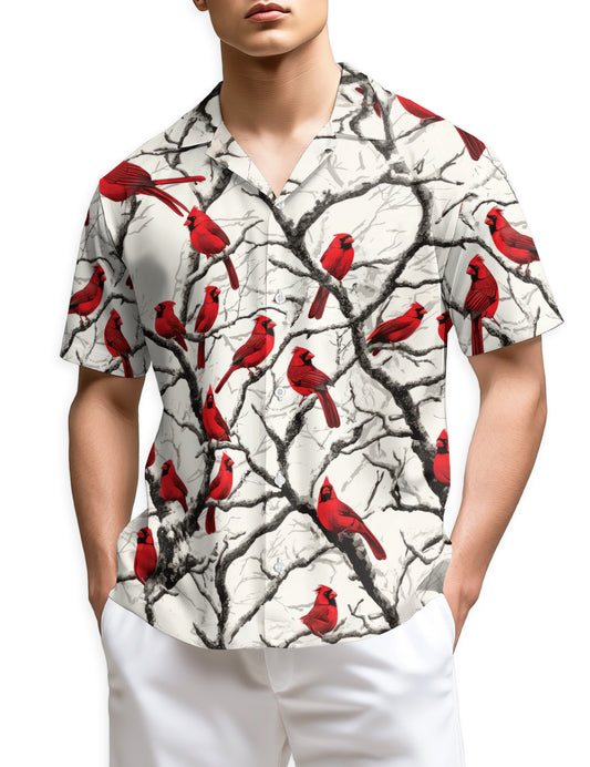 Netecom Red Cardinal Bird Christmas Hawaiian Shirt, Vibrant Bird Winter on Branches Button Down Shirt