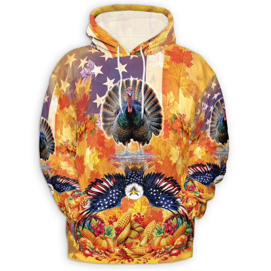 Netecom Turkey and Eagle Thanksgiving 3D Hoodie with Front Pocket, Unisex Casual All Over Autumn Graphic Sweatshirt