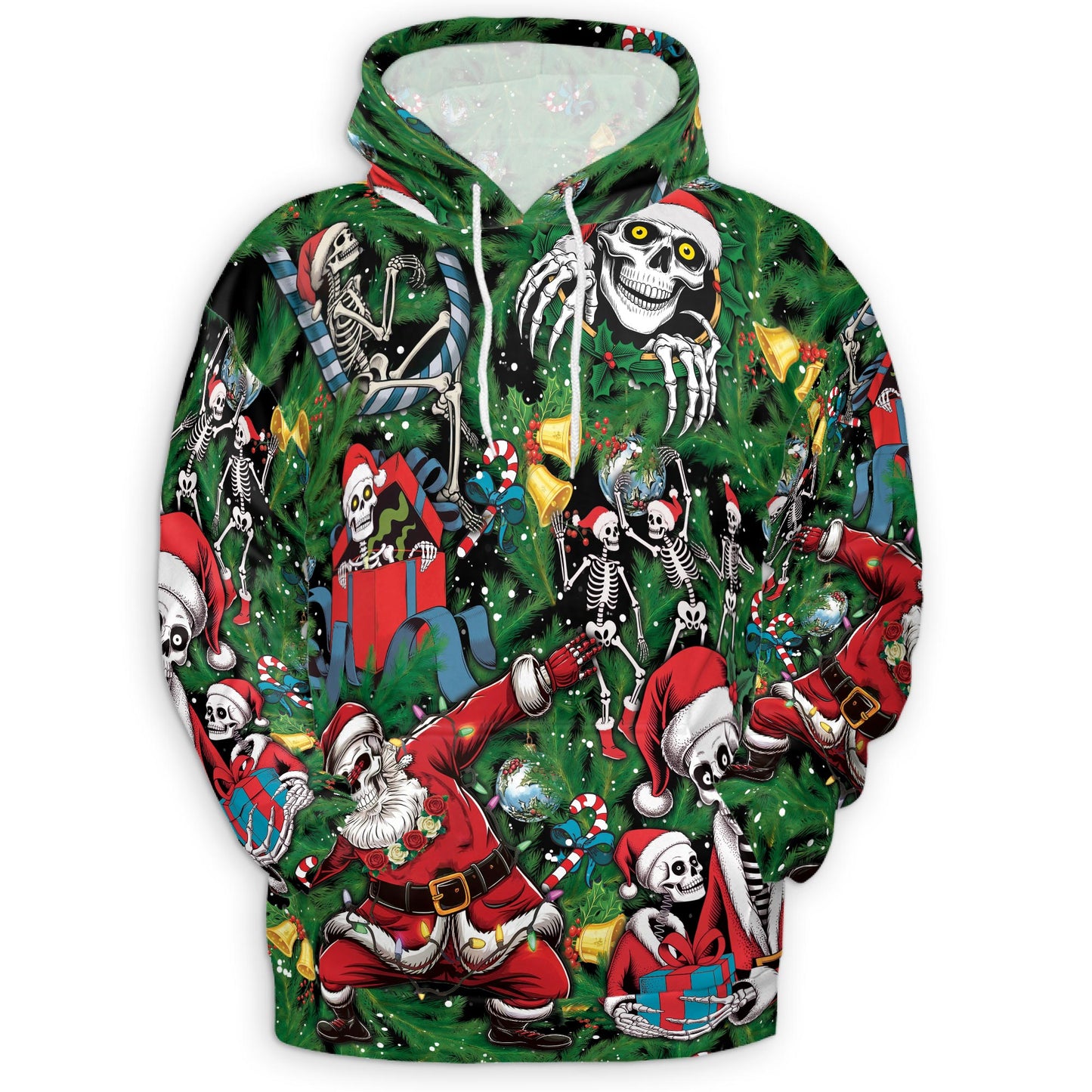 Netecom Skeleton Santa Claus Christmas Print Hoodie with Front Pocket, All Over Funny Skull Graphic Sweatshirt Unisex Casual