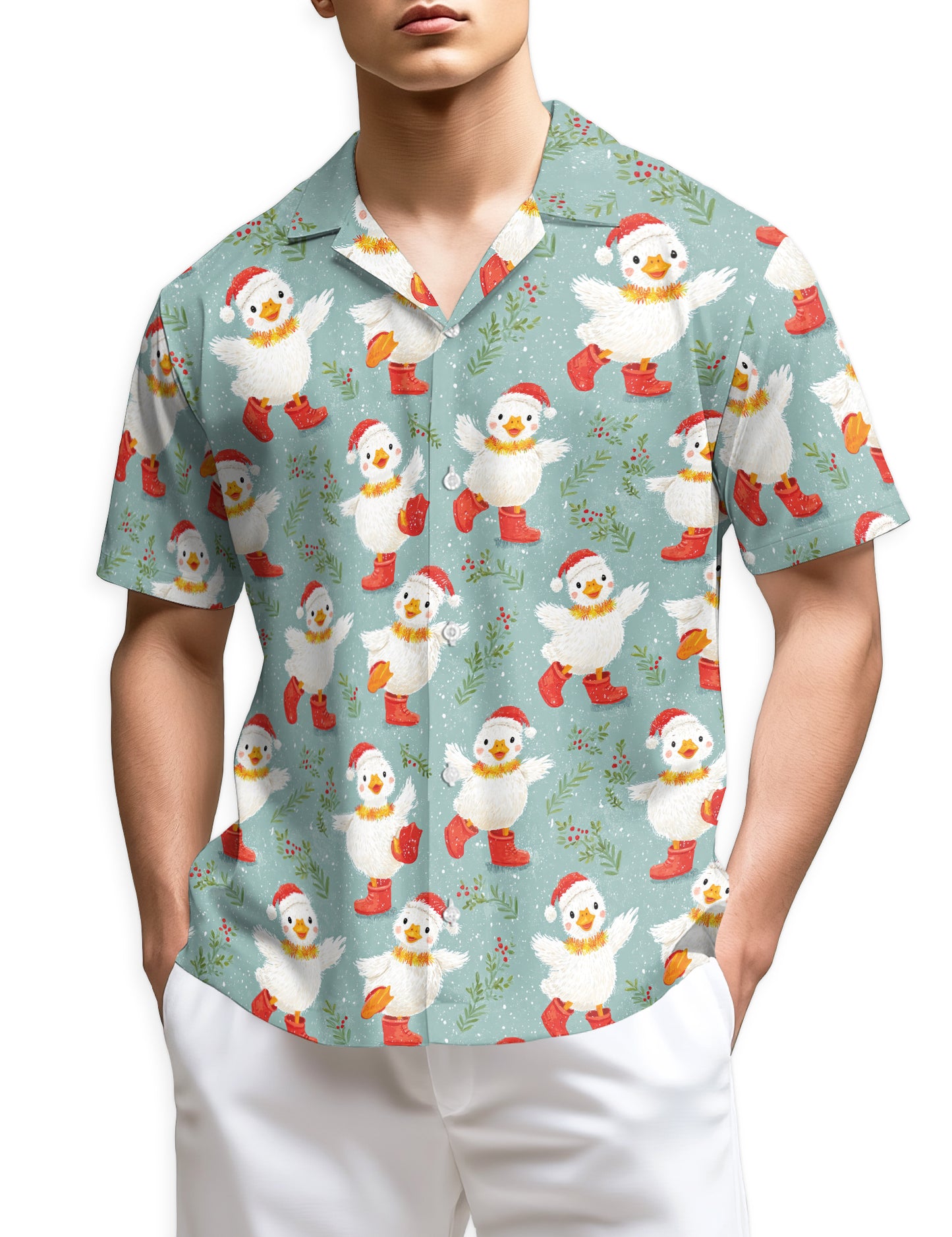 Netecom Snowy Christmas Duck Hawaiian Shirt for Men, Cute Duck Winter Print Button Down Short Sleeve Shirt