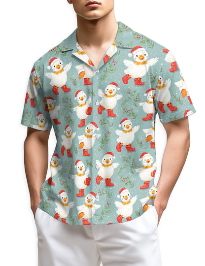 Netecom Snowy Christmas Duck Hawaiian Shirt for Men, Cute Duck Winter Print Button Down Short Sleeve Shirt