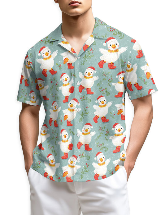 Netecom Snowy Christmas Duck Hawaiian Shirt for Men, Cute Duck Winter Print Button Down Short Sleeve Shirt