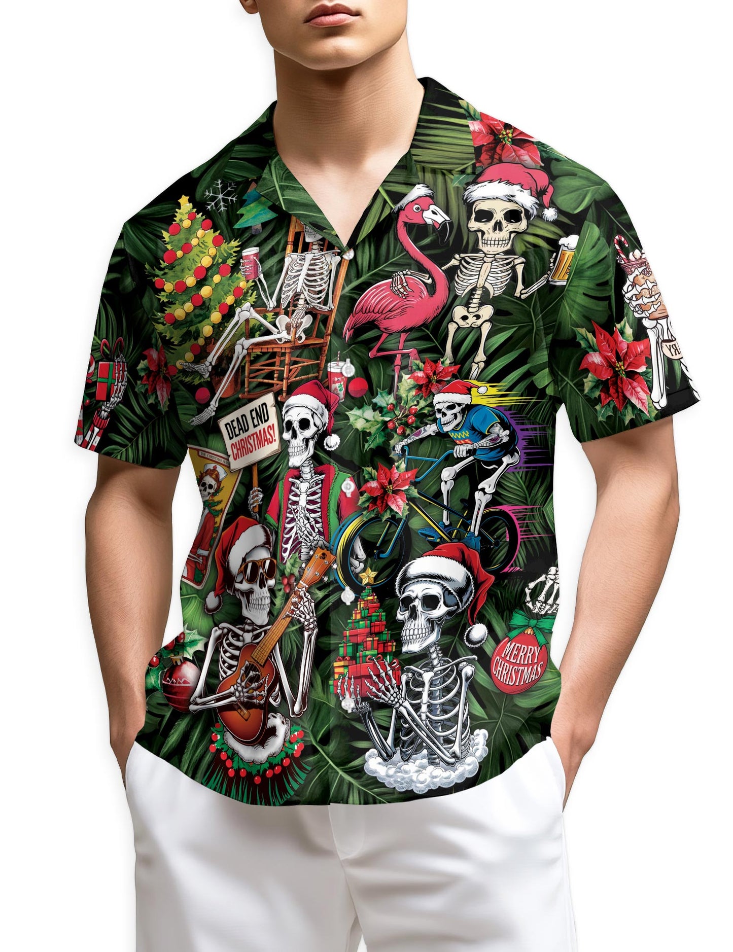 Netecom Skeleton Santa Claus Christmas Hawaiian Shirt for Men, Funny Skull Holiday Print Button Down Summer Beach Shirt, S-5XL
