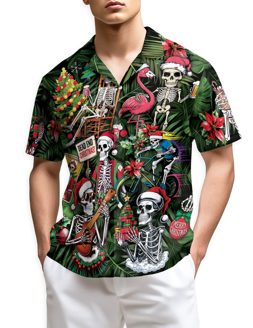 Netecom Skeleton Santa Claus Christmas Hawaiian Shirt for Men, Funny Skull Holiday Print Button Down Summer Beach Shirt, S-5XL