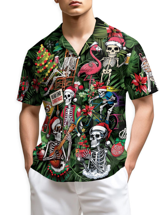 Netecom Skeleton Santa Claus Christmas Hawaiian Shirt for Men, Funny Skull Holiday Print Button Down Summer Beach Shirt, S-5XL