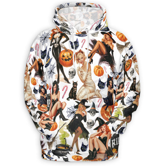 Netecom Pinup Girls Halloween 3D Print Hoodie with Front Pocket, All Over Graphic Pumpkin Skull Sweatshirt Unisex Casual